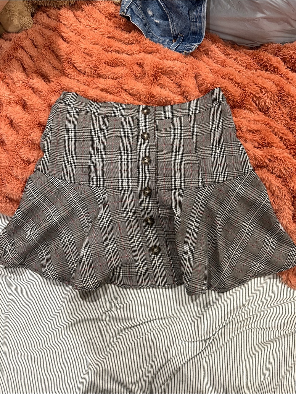 High-Waist Plaid Button-Front Skater Skirt - Gray